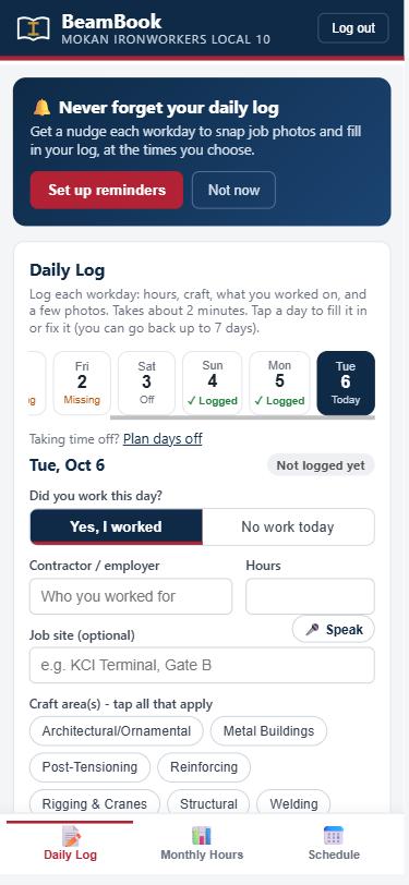 The Daily Log screen: a week strip showing logged days, and a form for contractor, hours and craft area