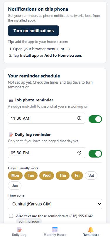 Reminder settings with photo and daily log times