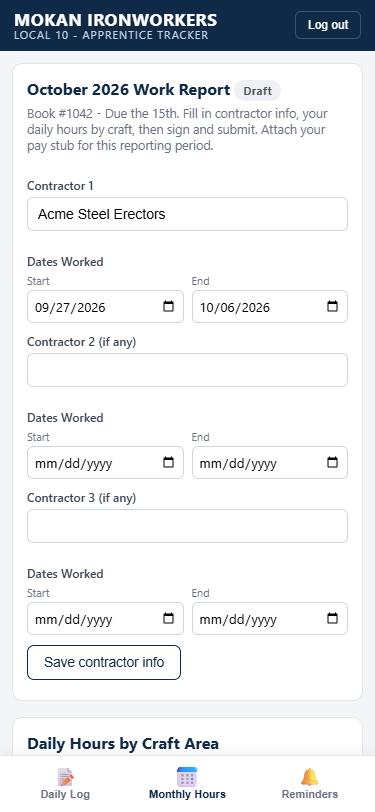 Contractor name with start and end date pickers