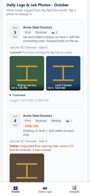 A staff view of an apprentice's daily logs with photos and a safety note